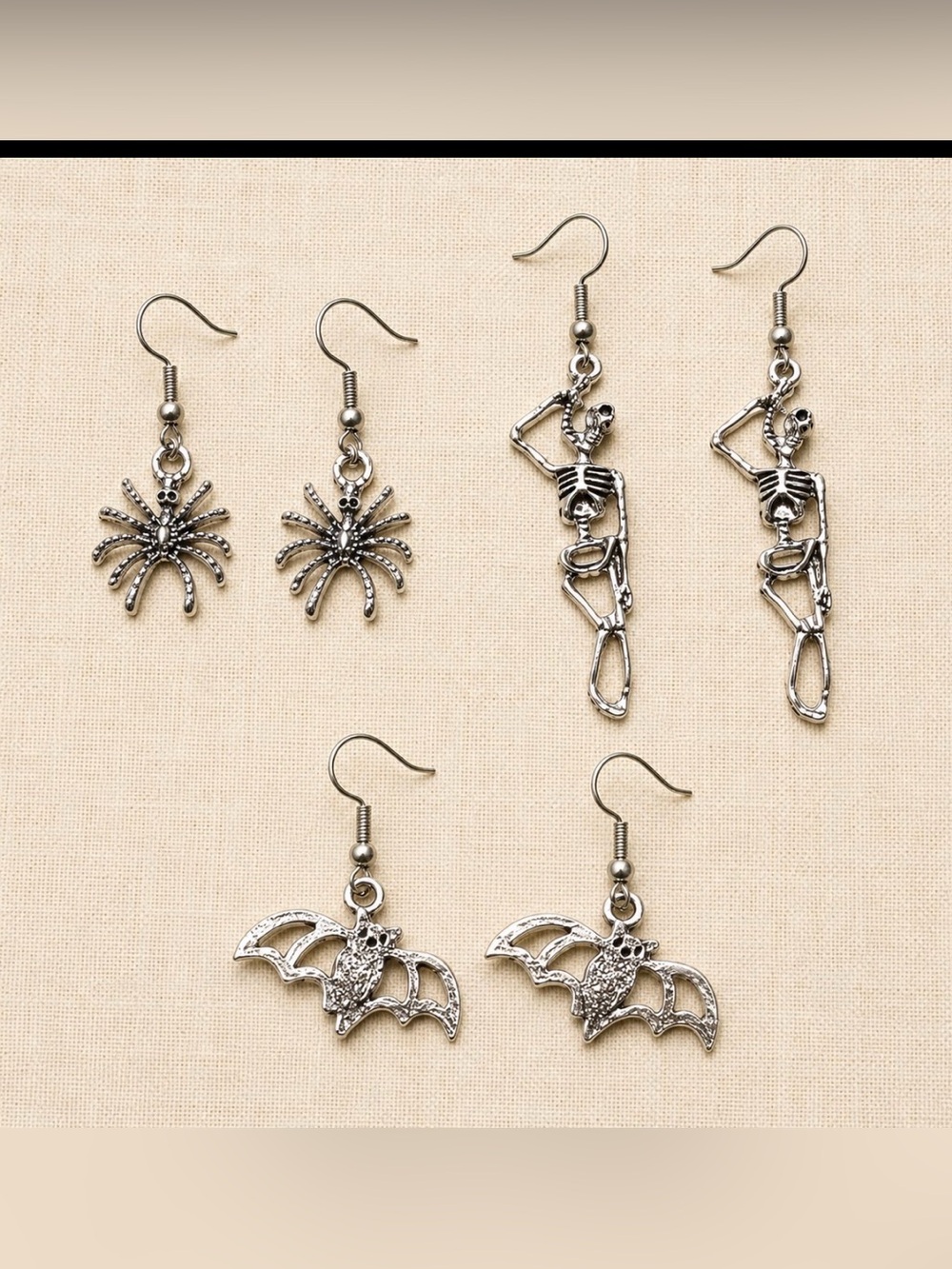 3 Pair Halloween Earrings Set Spider Skeleton Bat Silver Tone Dangles
